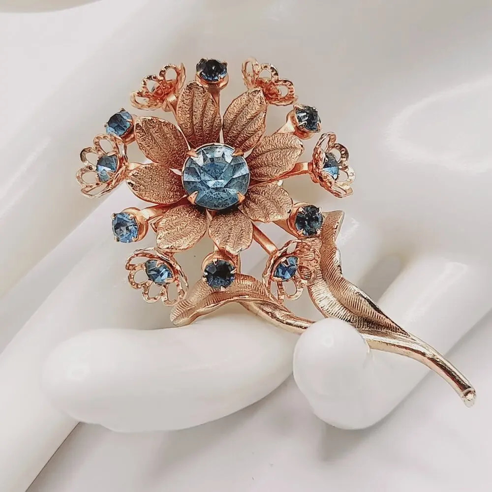 Vintage Blue Rhinestone Flower Brooch Gold Tone Floral Stem Pin